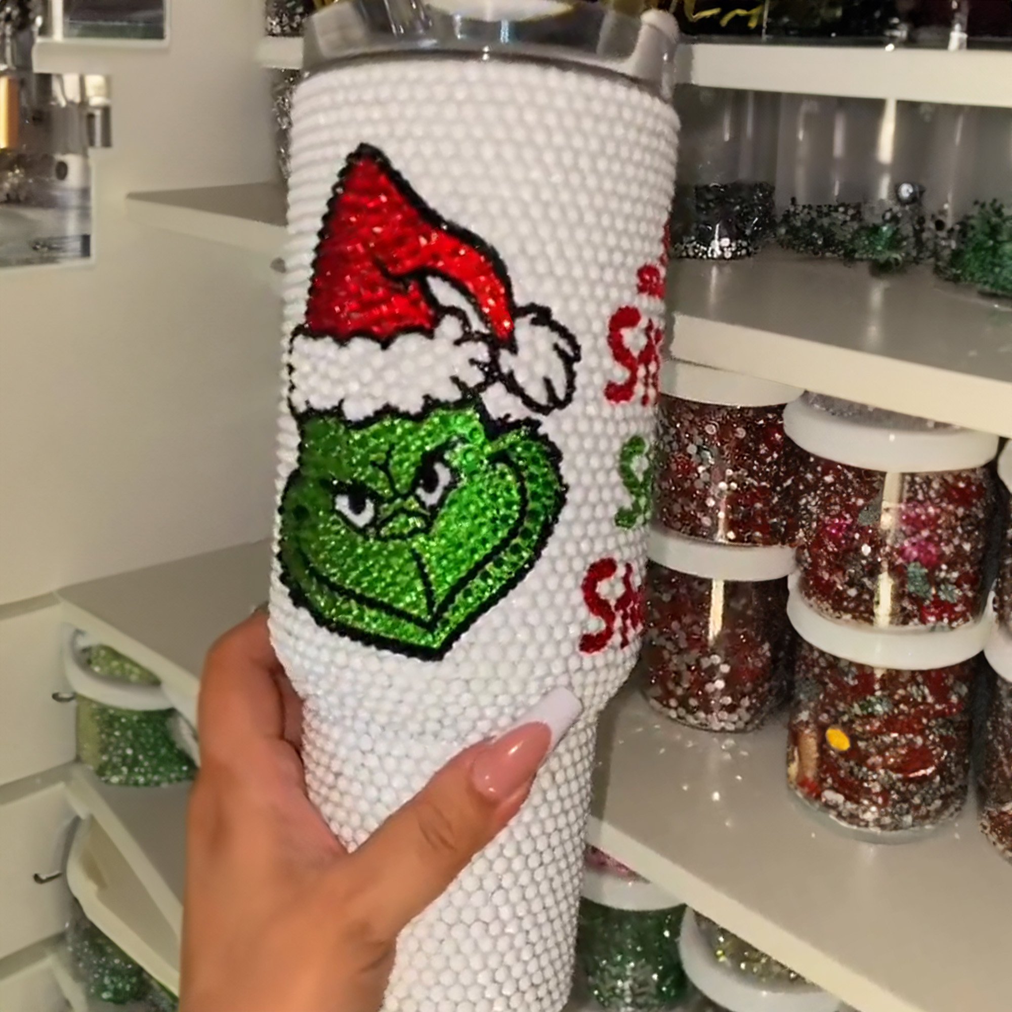Rhinestone Bling The Grinch Christmas Cartoon Custom Stanley Cup 40 oz 30 oz Tumbler With Handle