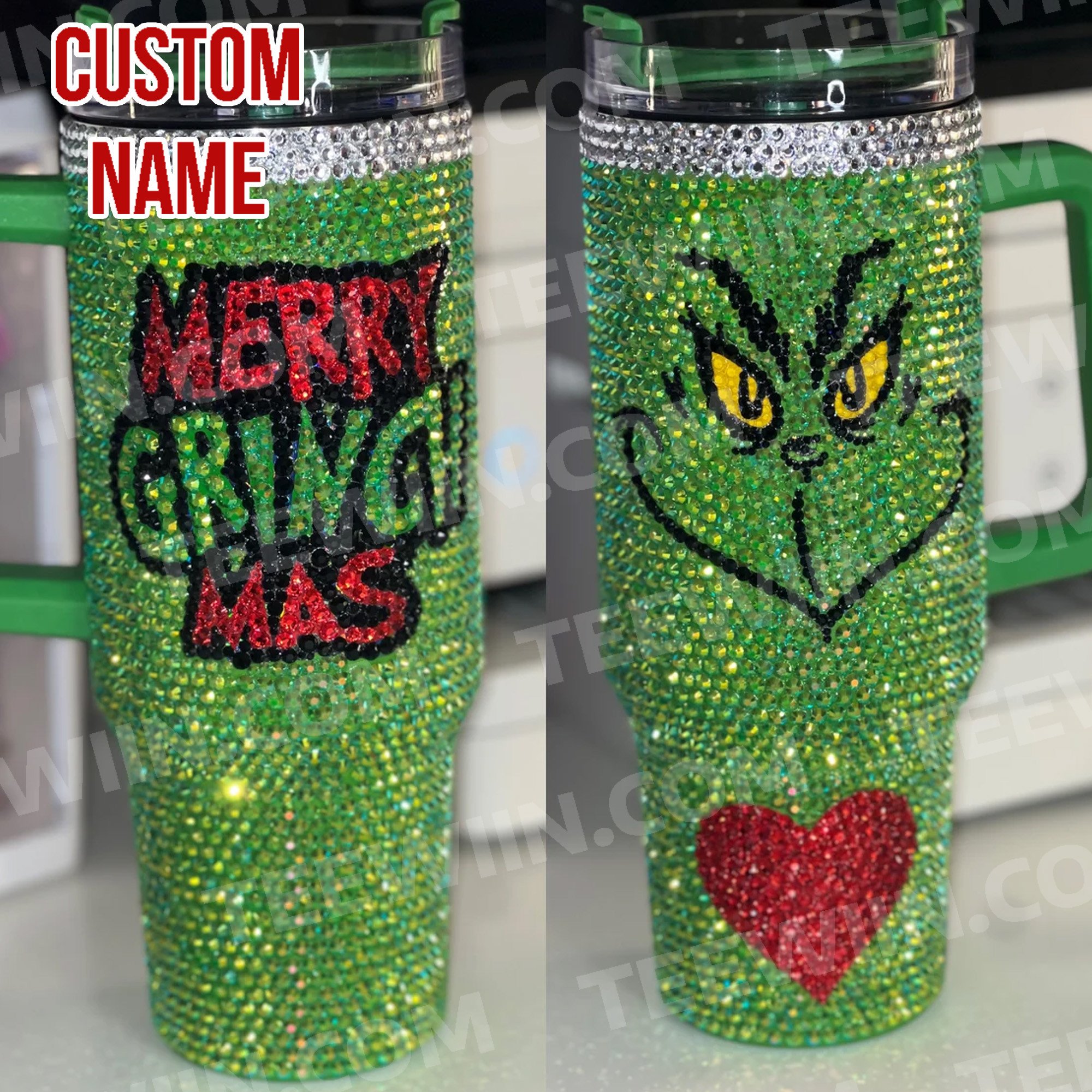 Rhinestone Bling The Grinch Christmas Cartoon Custom Stanley Cup 40 oz 30 oz Tumbler With Handle