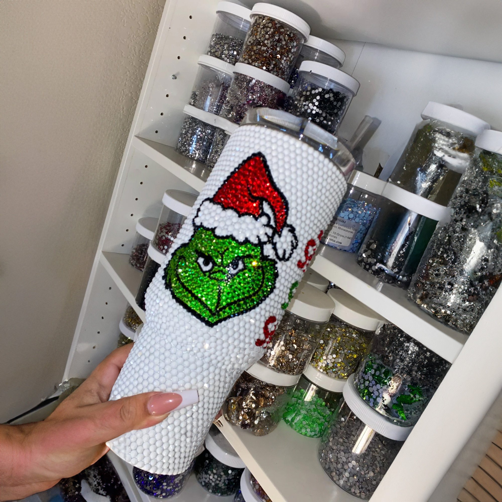 Rhinestone Bling The Grinch Christmas Cartoon Custom Stanley Cup 40 oz 30 oz Tumbler With Handle