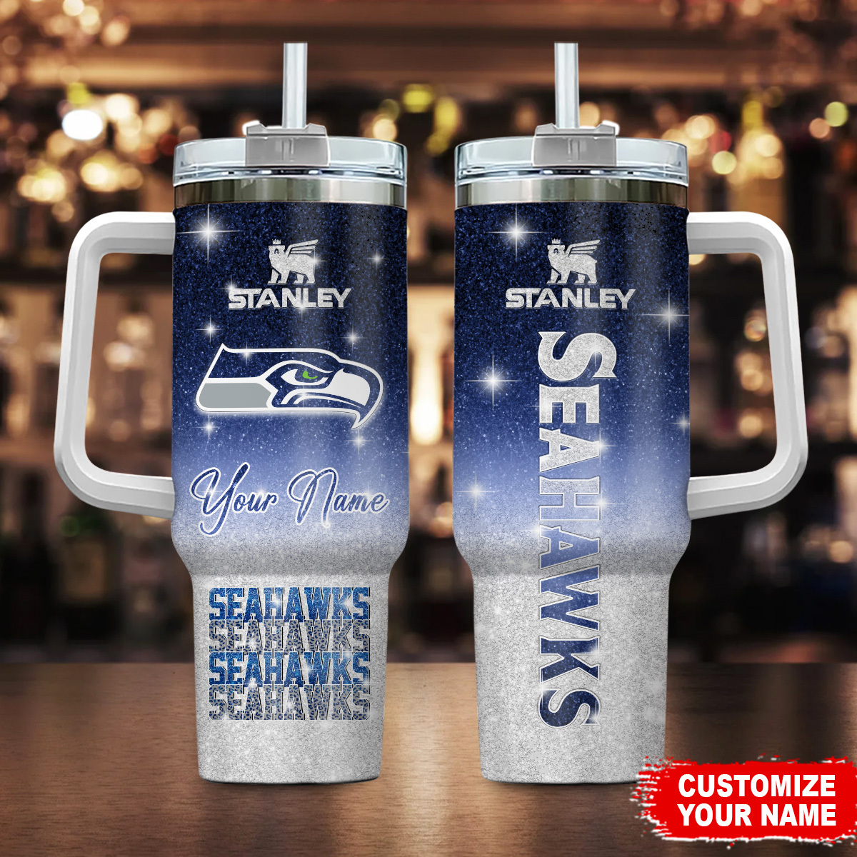 Seattle Seahawks NFL Glitter Custom Stanley Cup 40 oz 30 oz Tumbler With Handle
