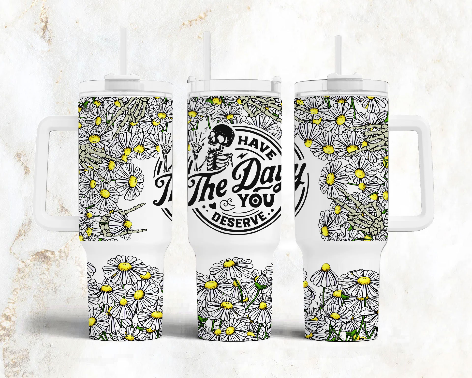 Skeleton and Daisy Custom Stanley Cup 40 oz 30 oz Tumbler With Handle