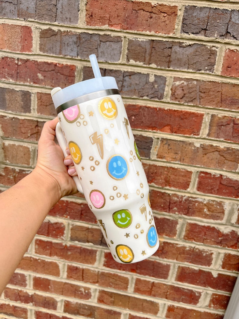 Smiley Custom Stanley Cup 40 oz 30 oz Tumbler With Handle