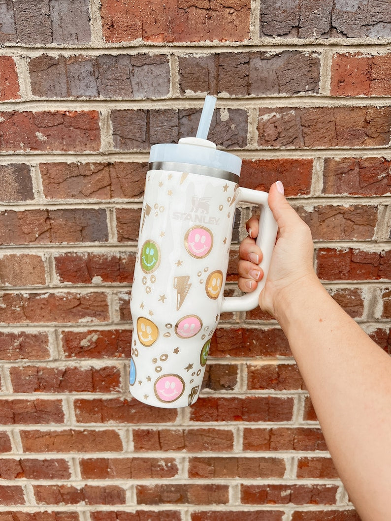 Smiley Custom Stanley Cup 40 oz 30 oz Tumbler With Handle