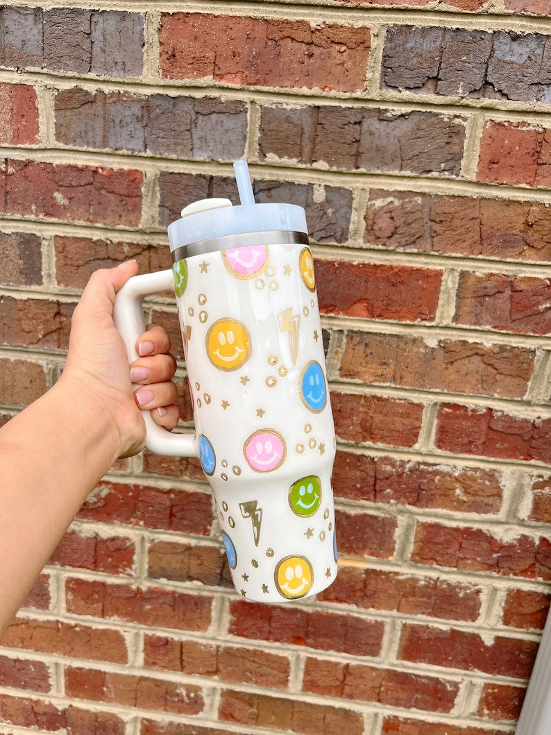 Smiley Custom Stanley Cup 40 oz 30 oz Tumbler With Handle