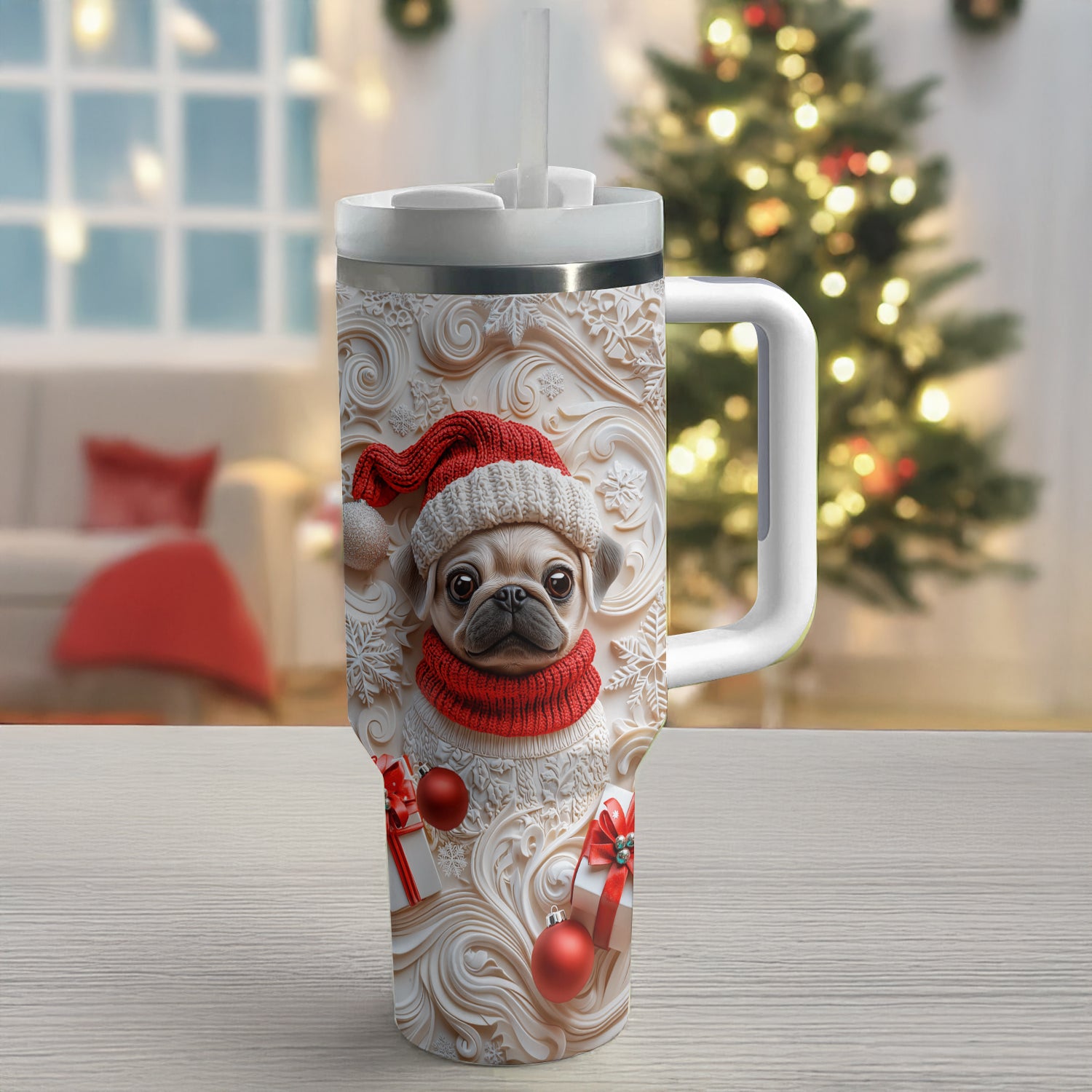Snowy Christmas Pug Custom Stanley Cup 40 oz 30 oz Tumbler With Handle