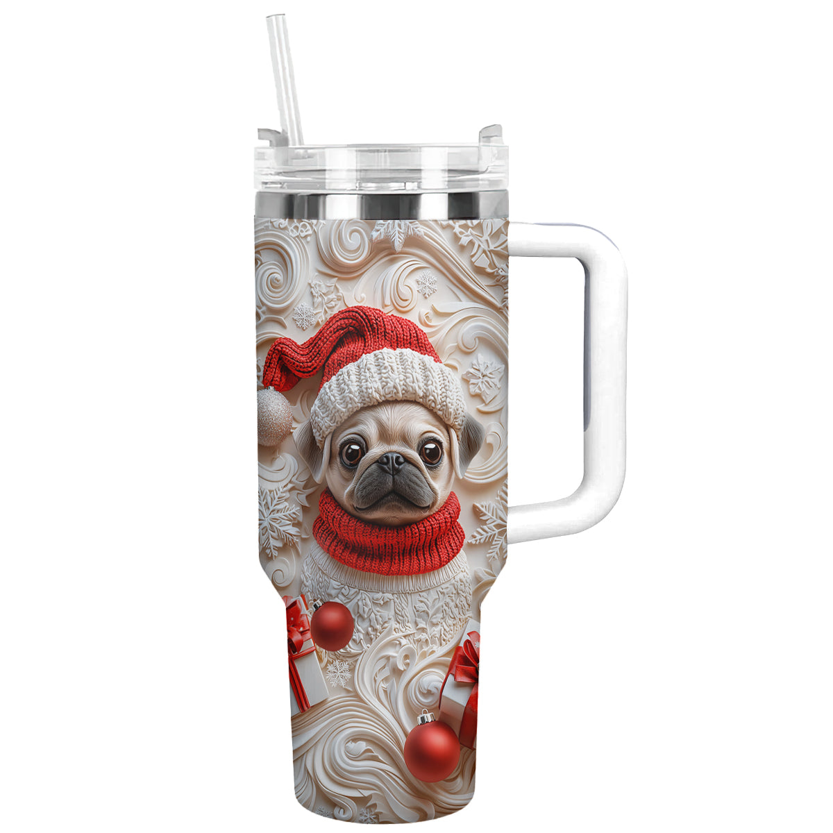 Snowy Christmas Pug Custom Stanley Cup 40 oz 30 oz Tumbler With Handle