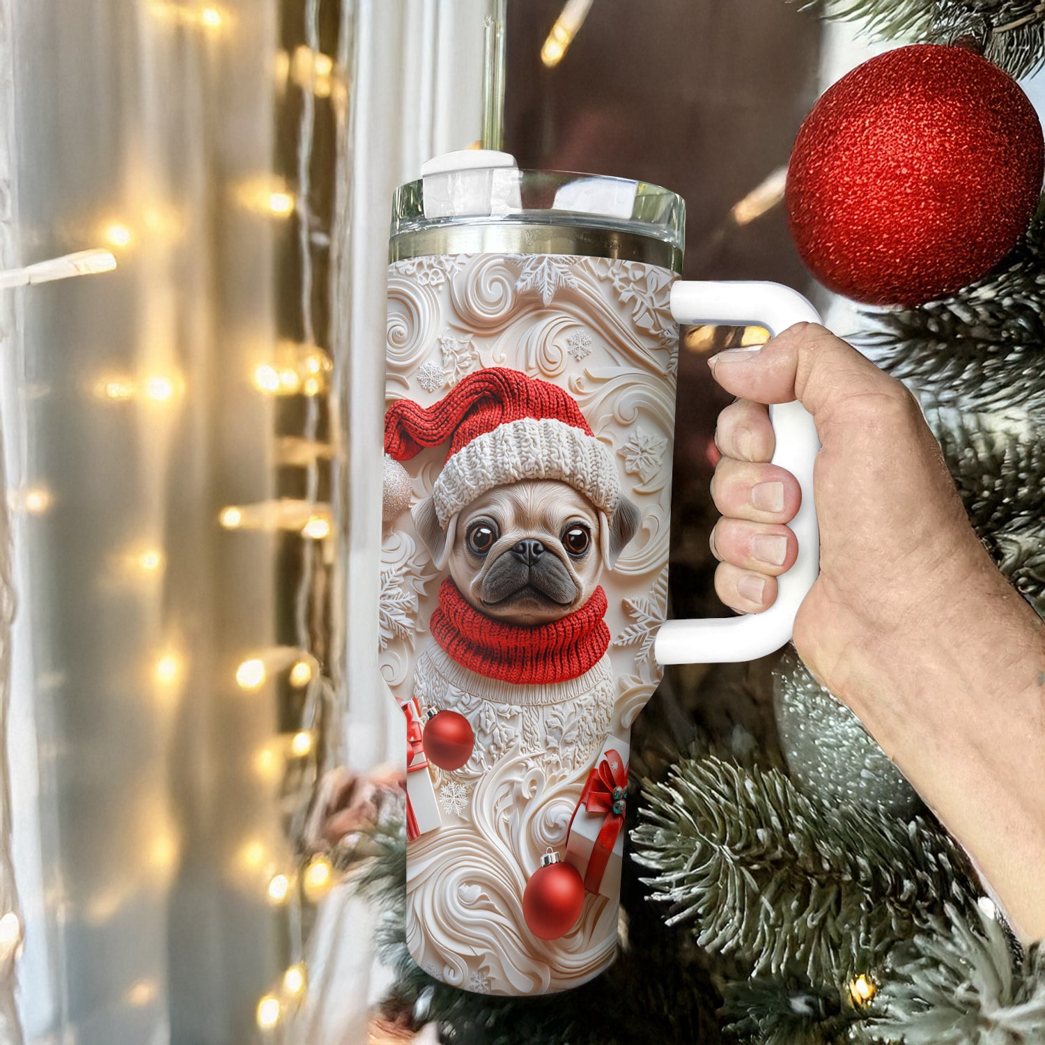 Snowy Christmas Pug Custom Stanley Cup 40 oz 30 oz Tumbler With Handle