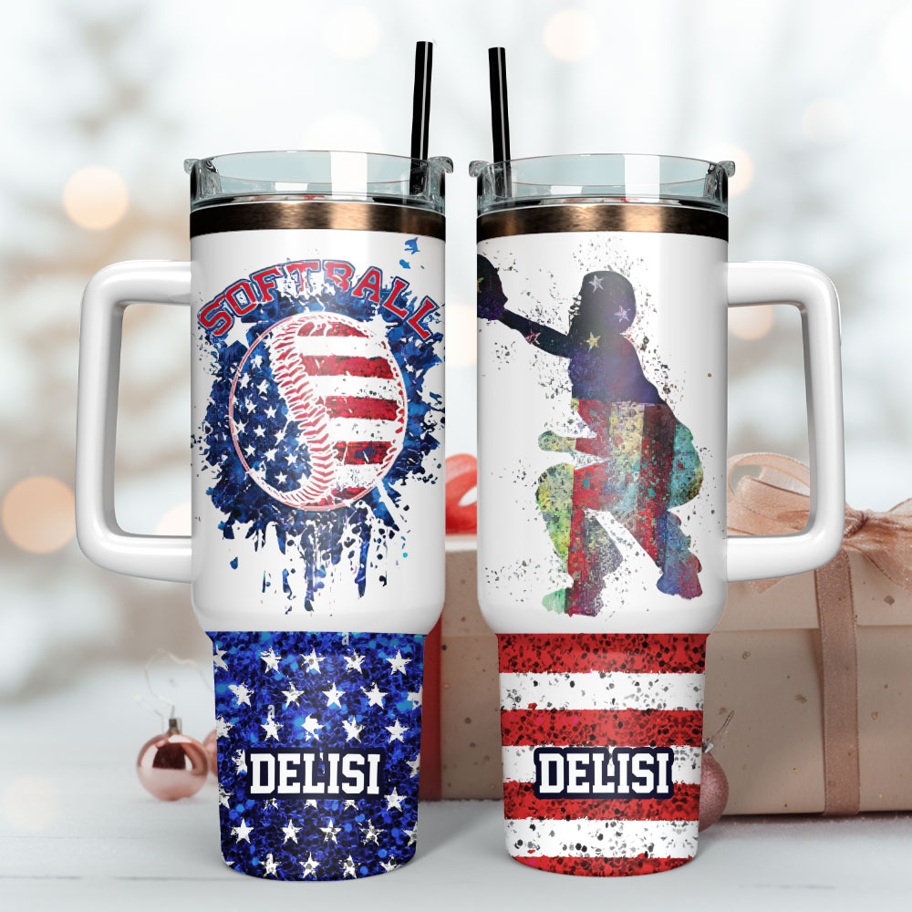 Softball American Flag Custom Stanley Cup 40 oz 30 oz Tumbler With Handle