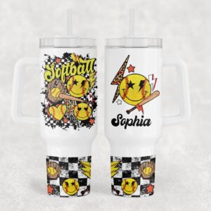 Softball Smiley Face Custom Stanley Cup 40 oz 30 oz Tumbler With Handle