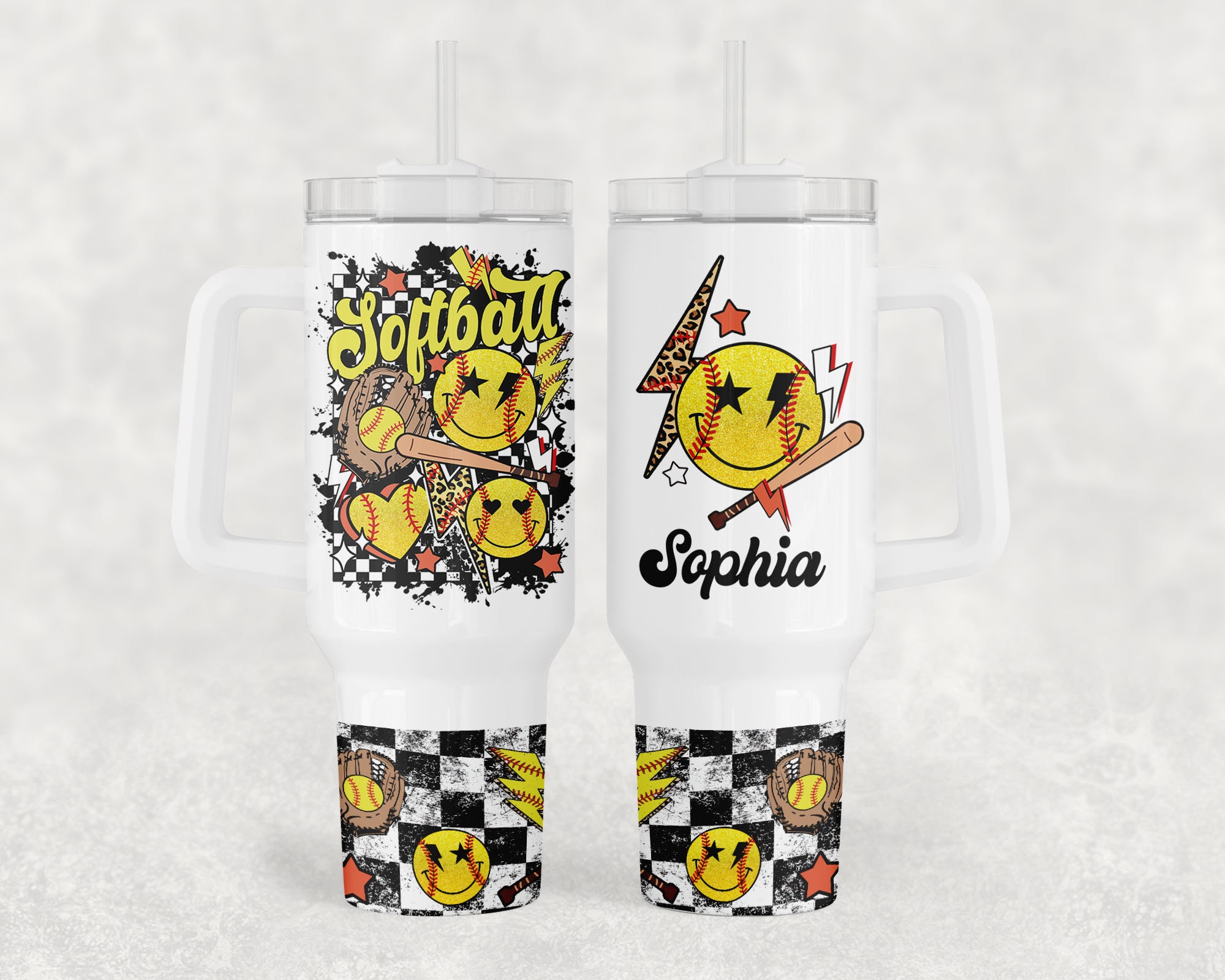 Softball Smiley Face Custom Stanley Cup 40 oz 30 oz Tumbler With Handle