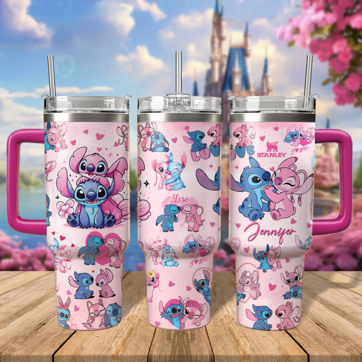 Stitch And Angel Cartoon Custom Stanley Cup 40 oz 30 oz Tumbler With Handle