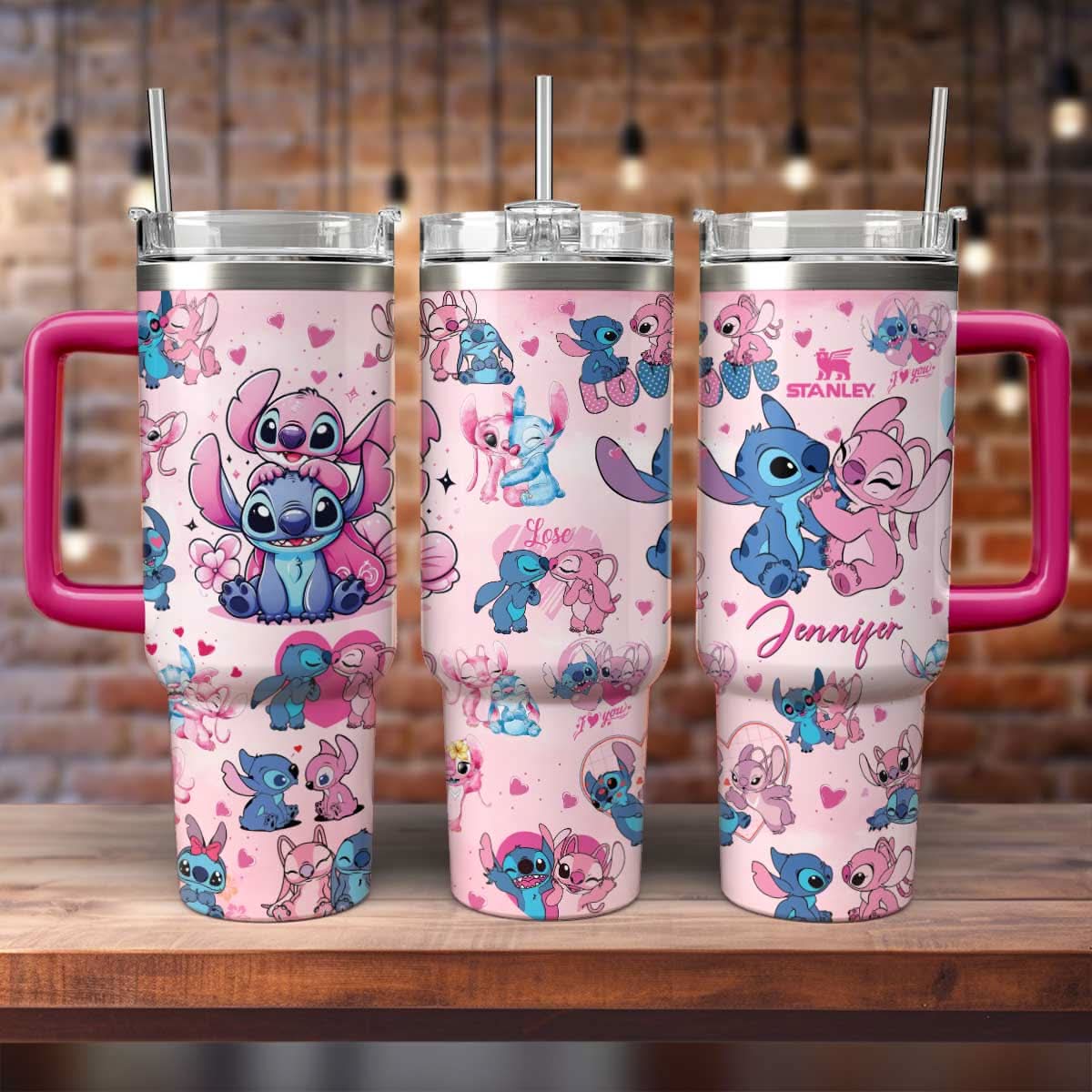 Stitch And Angel Cartoon Custom Stanley Cup 40 oz 30 oz Tumbler With Handle