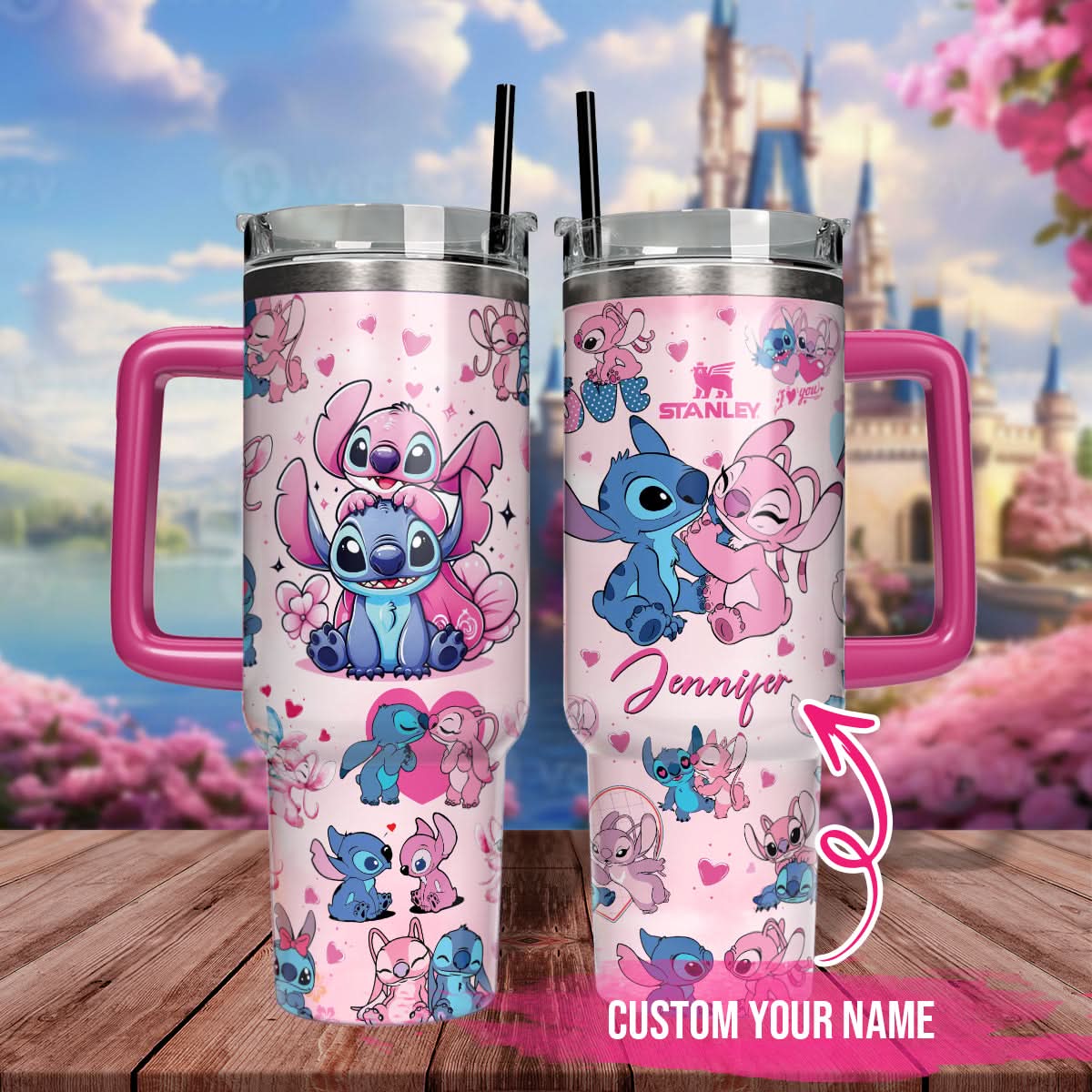 Stitch And Angel Cartoon Custom Stanley Cup 40 oz 30 oz Tumbler With Handle