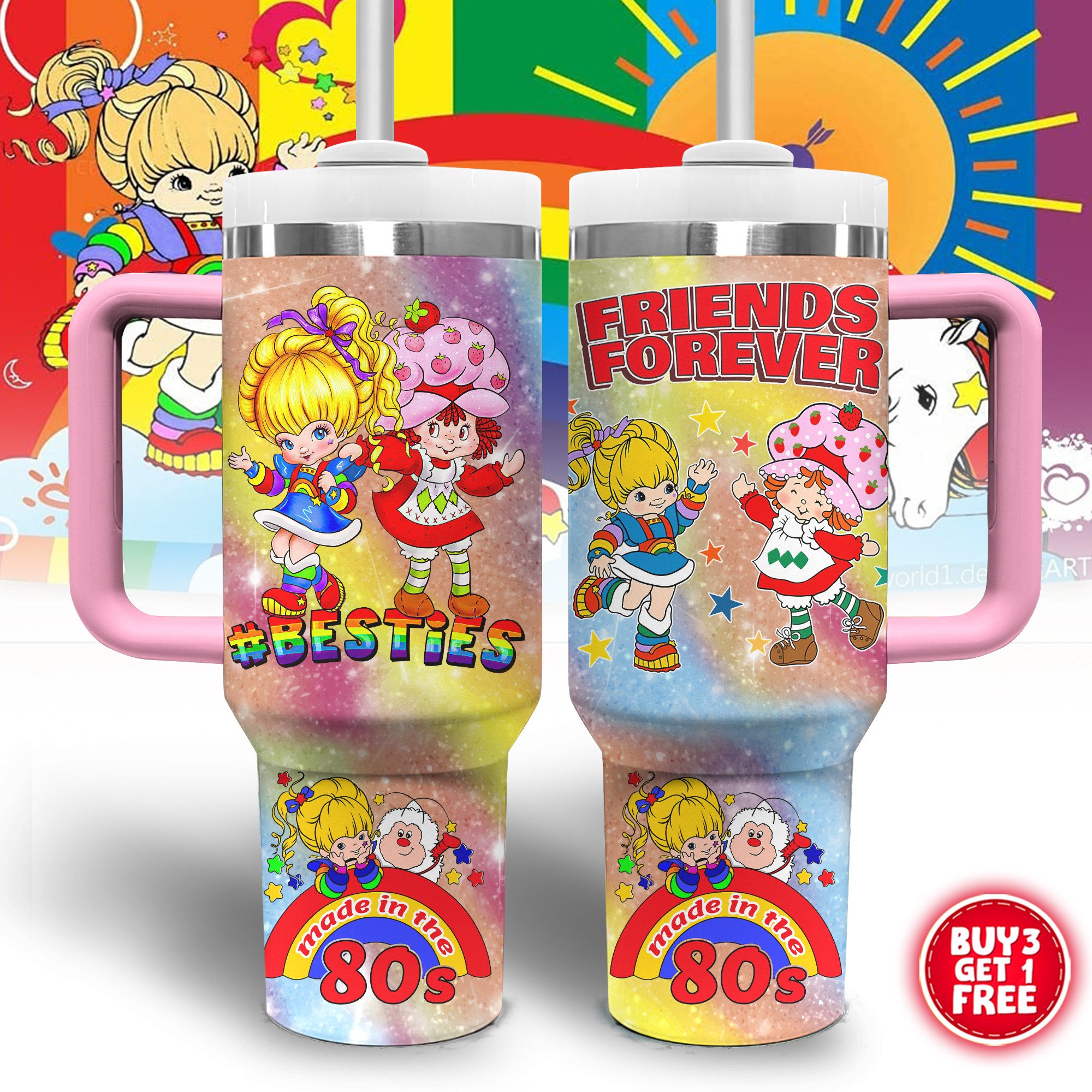 Strawberry Shortcake And Rainbow Brite Cartoon Custom Stanley Cup 40 oz 30 oz Tumbler With Handle