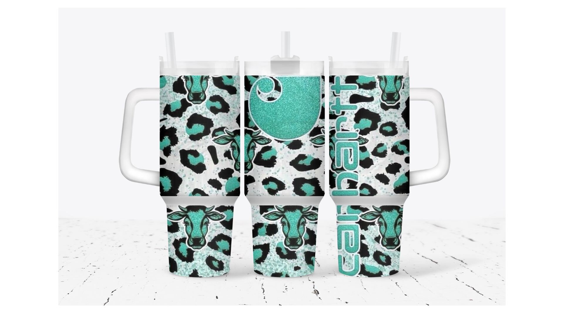 Teal Cow Print Custom Stanley Cup 40 oz 30 oz Tumbler With Handle