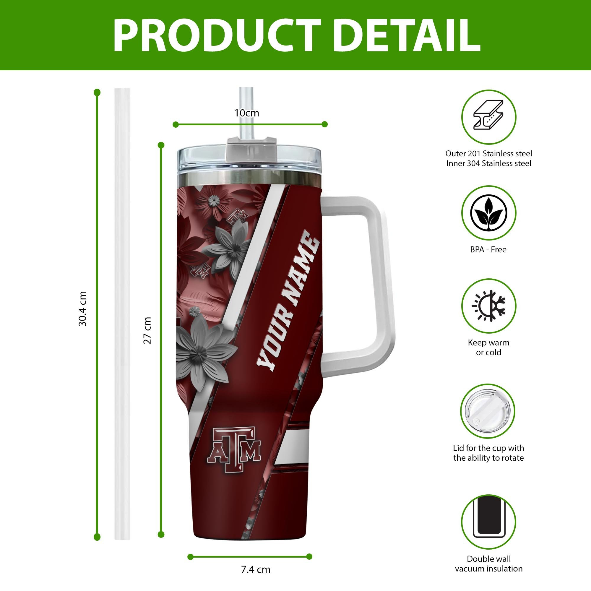 Texas A&M Aggies NCAA Custom Stanley Cup 40 oz 30 oz Tumbler With Handle