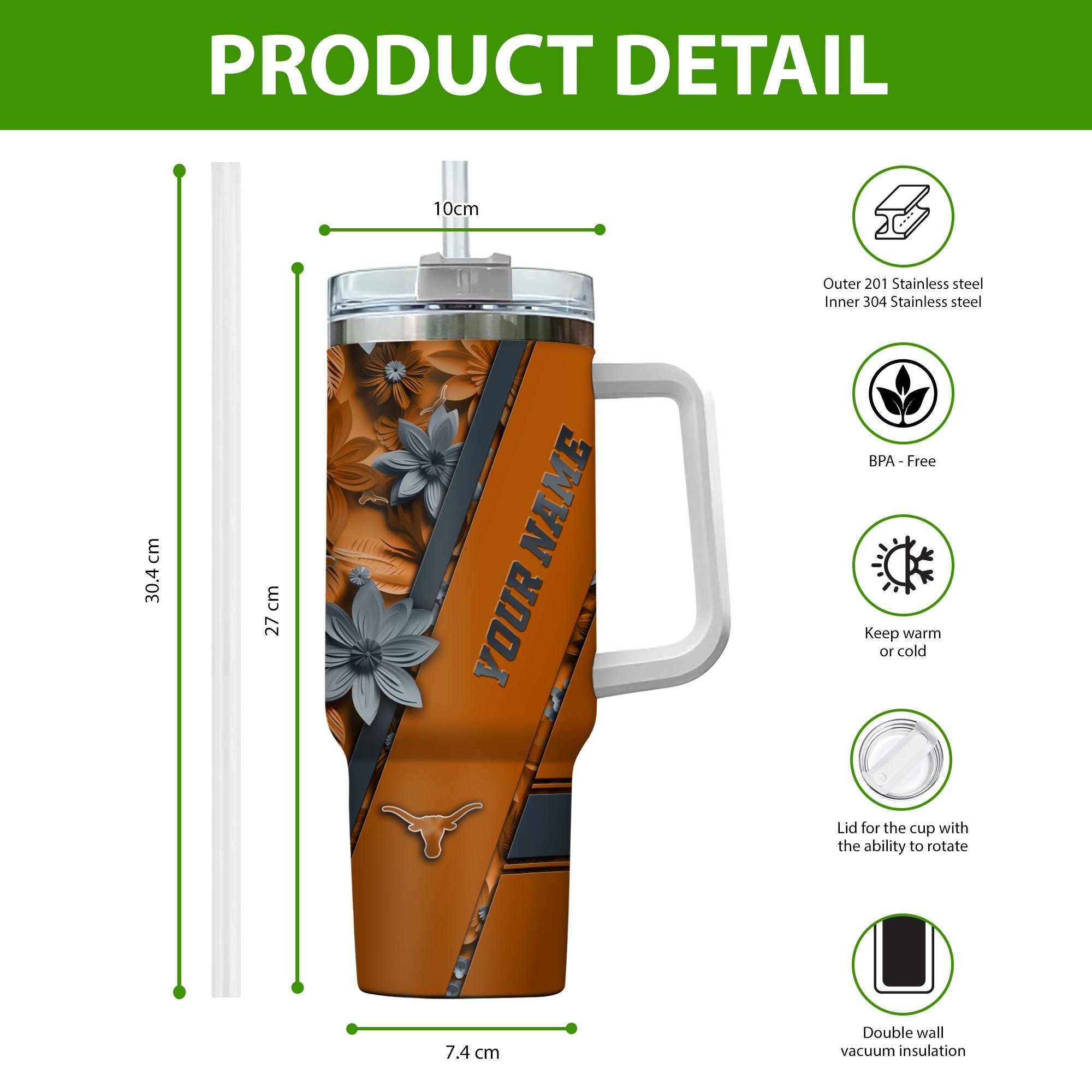 Texas Longhorns NCAA Custom Stanley Cup 40 oz 30 oz Tumbler With Handle
