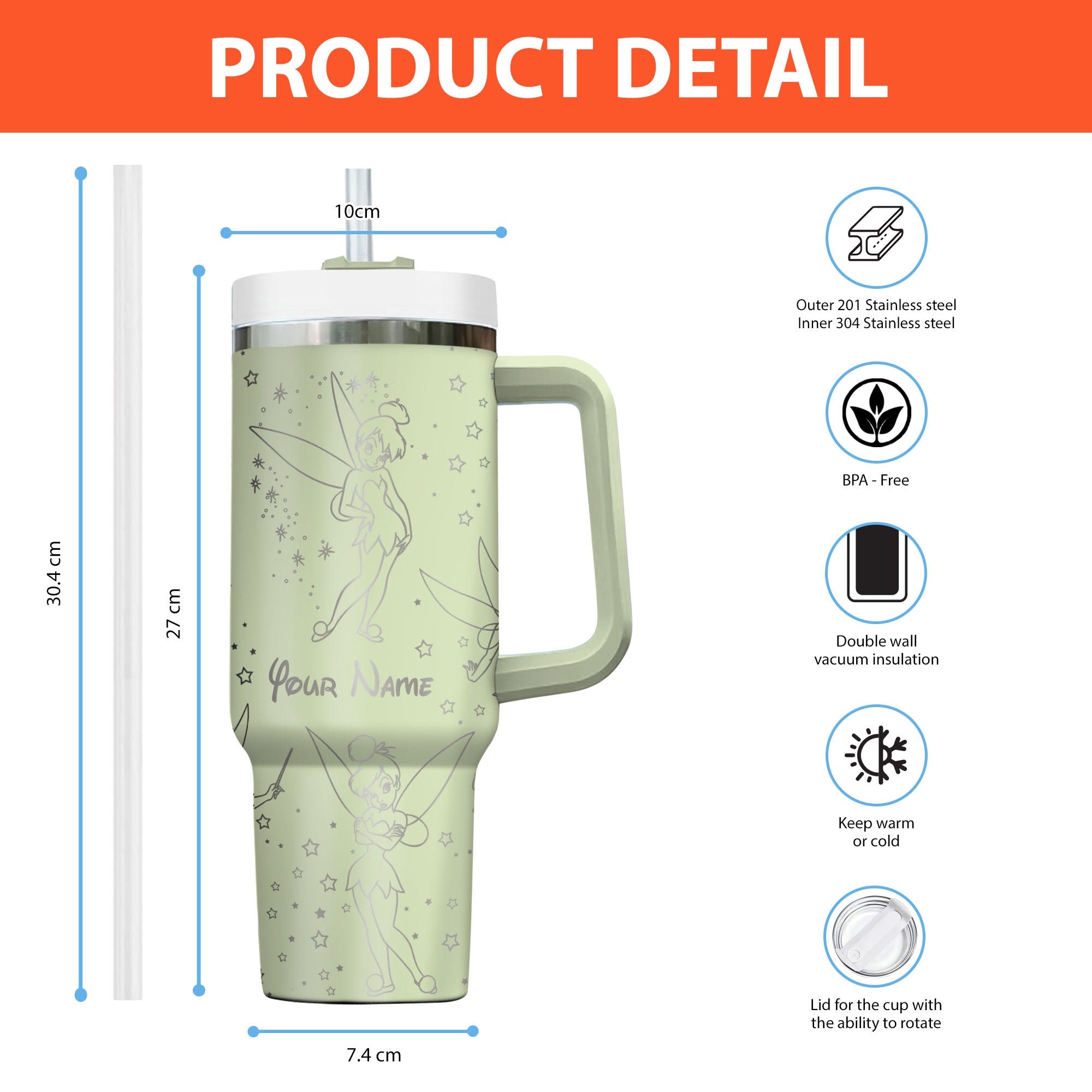 Tinkerbell Disney Cartoon Custom Stanley Cup 40 oz 30 oz Tumbler With Handle