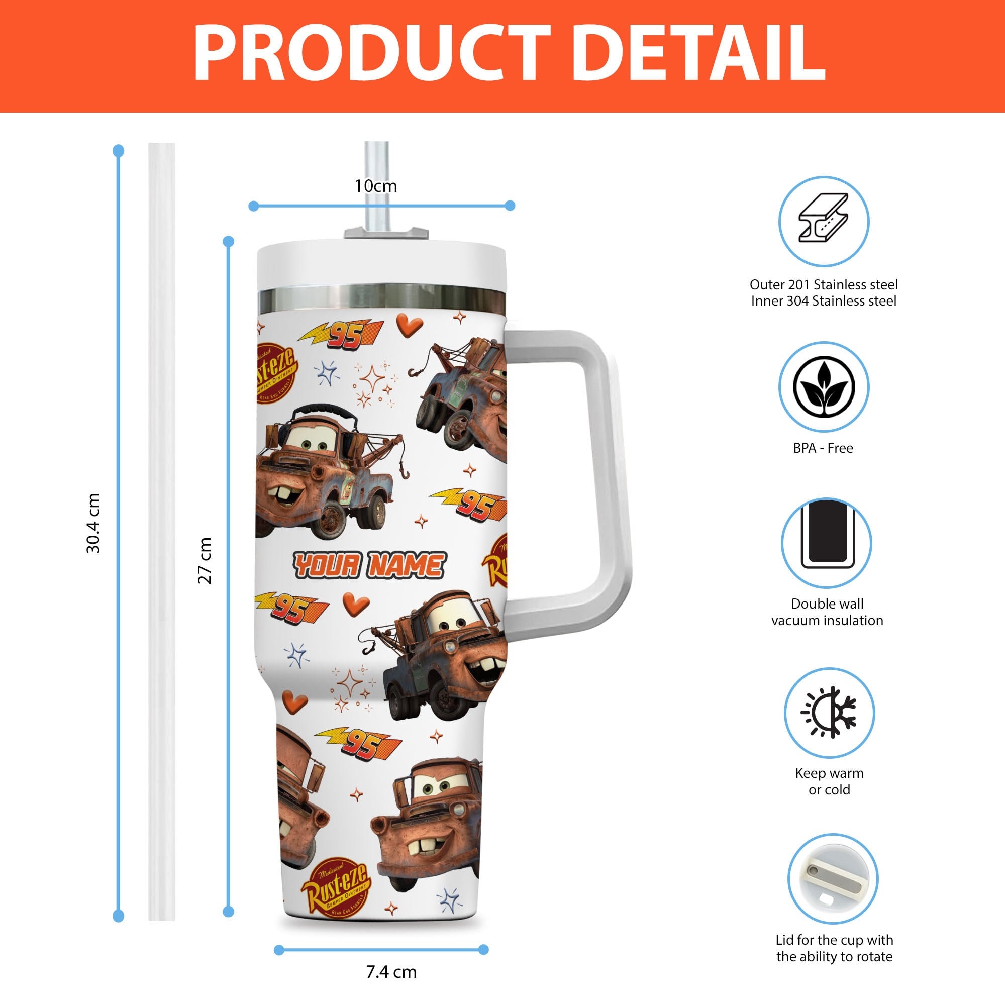 Tow Mater Cars Disney Cartoon Custom Stanley Cup 40 oz 30 oz Tumbler With Handle